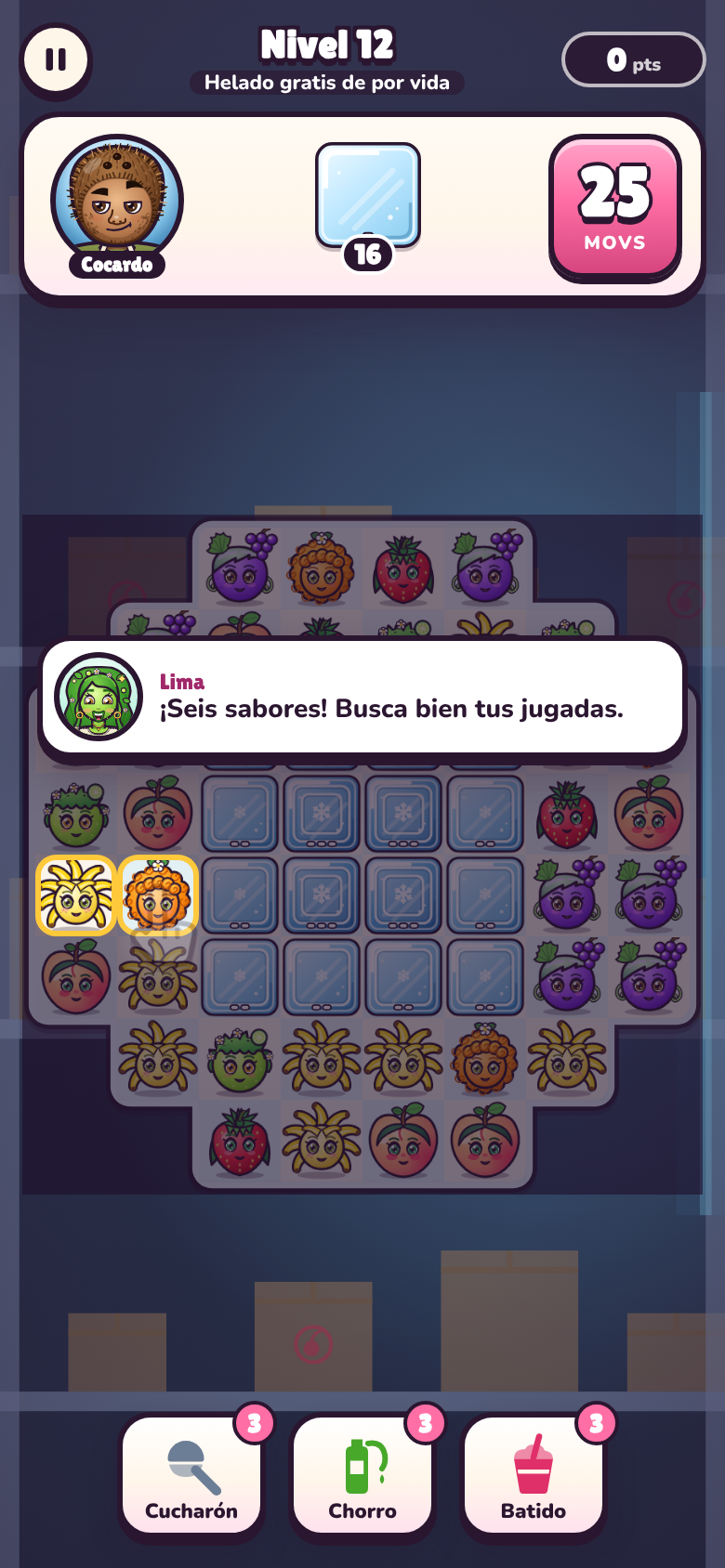 Tablero del juego: frutas con cara, bloques de hielo y el villano Cocardo arriba